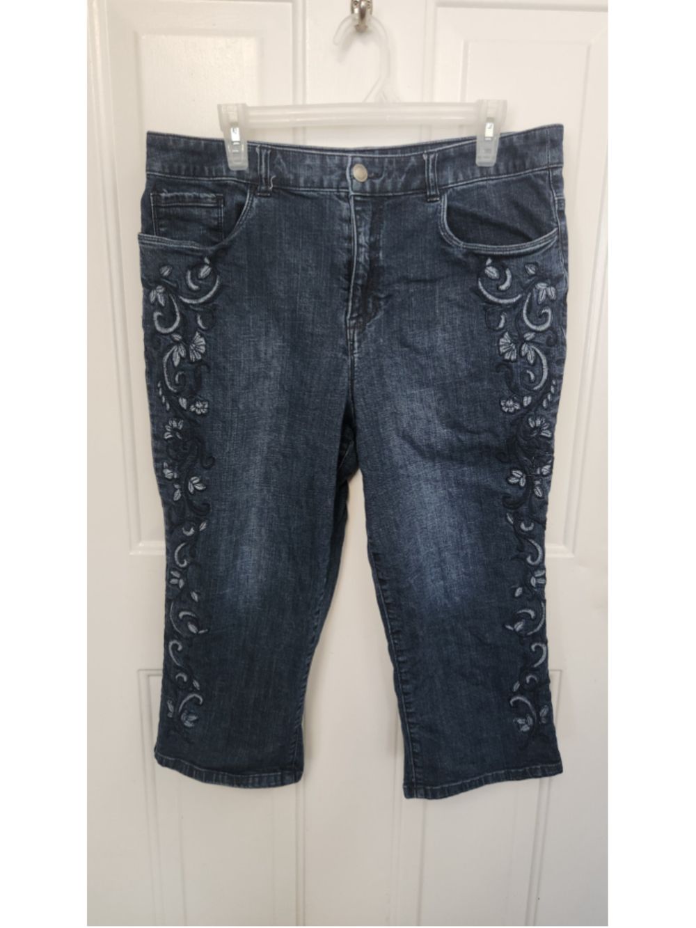 Christopher & Banks Embroidered Cropped Jeans, Size 14, Blue